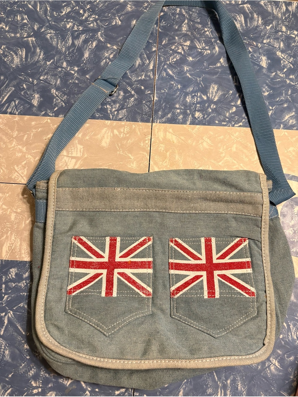 Vintage Denim Crossbody Messenger Bag with Union Jack Pocket Accents - Blue